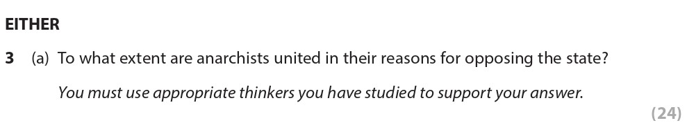 3-(a)-To-what-extent-are-anarchists-united-in-their-reasons-for-opposing-the-state?--You-must-use-appropriate-thinkers-you-have-studied-to-support-your-answer.-Edexcel-A-Level Politics-Question 3-2021-Paper 2.png